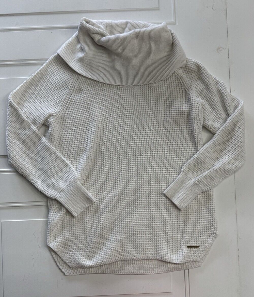 Michael Kors Womens Sz S White Waffle Knit Cowl Neck Long Sleeve Sweater Top